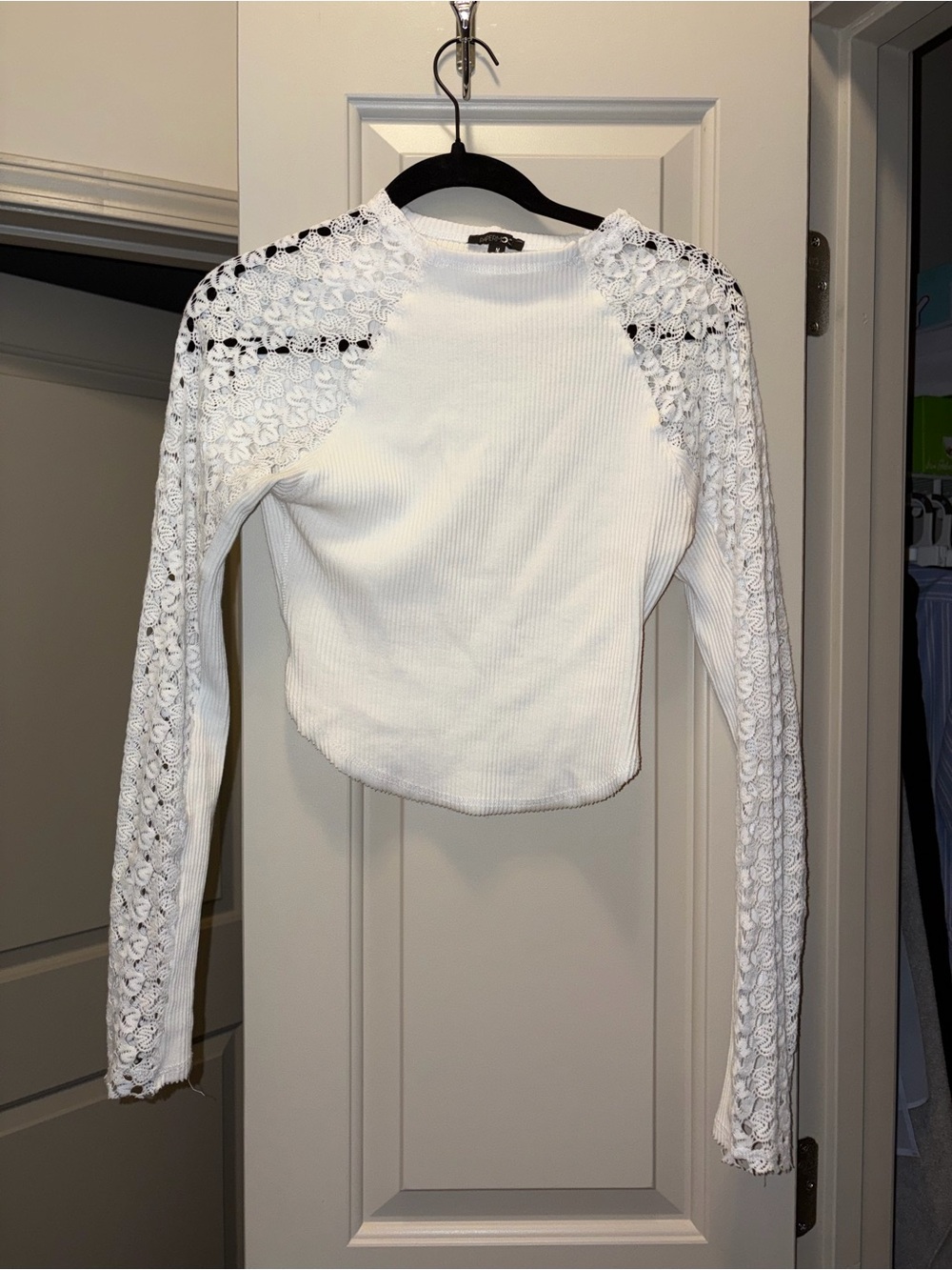 Papermoon White Lace-Trim Ribbed Long Sleeve Top